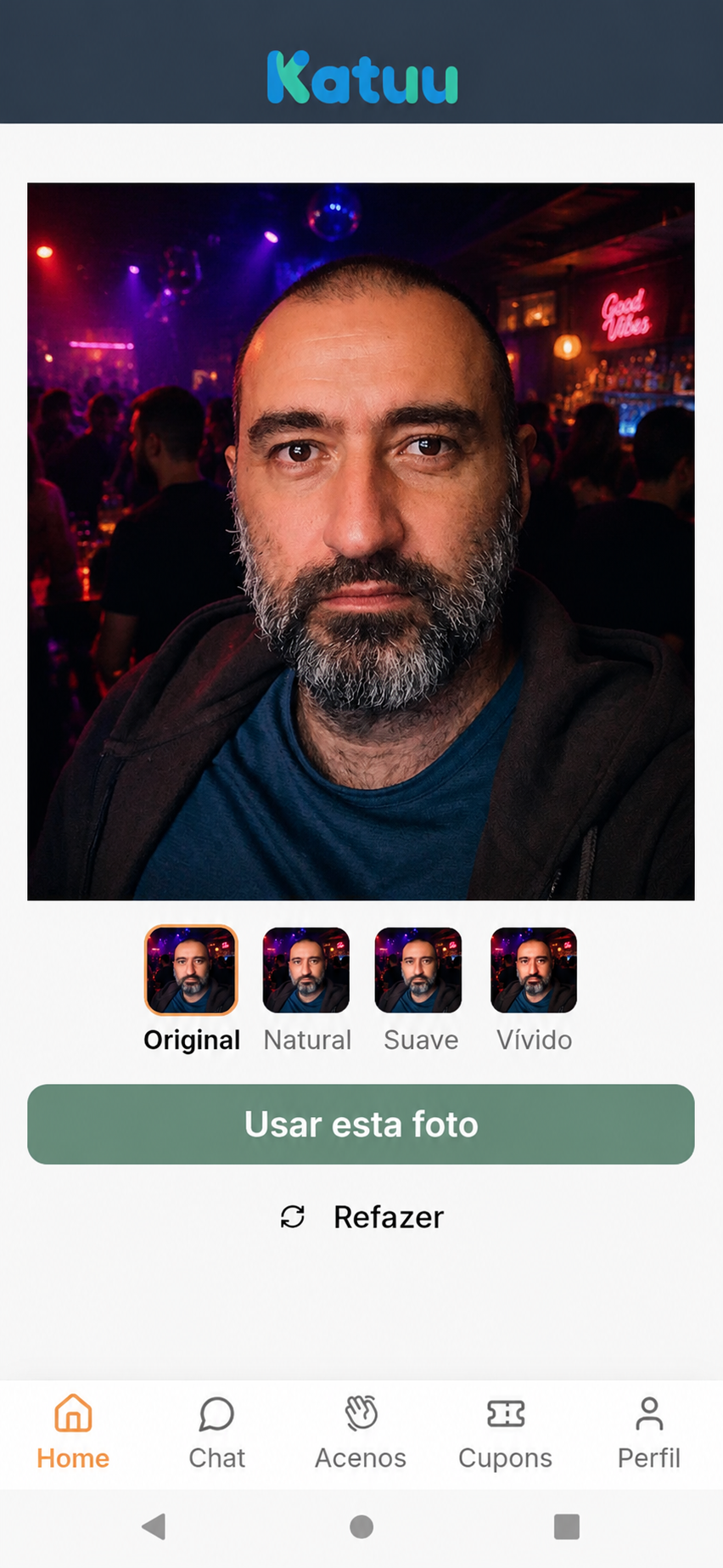 Tela de confirmação de presença do app Katuu