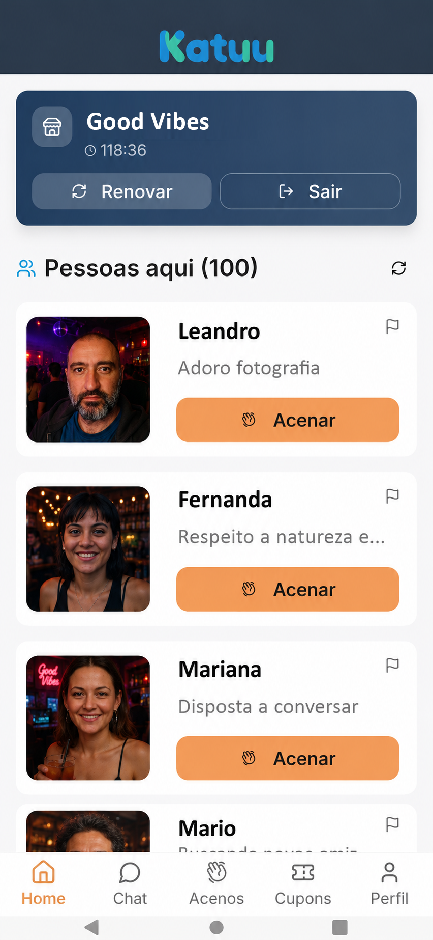 Tela do Katuu mostrando pessoas presentes no local