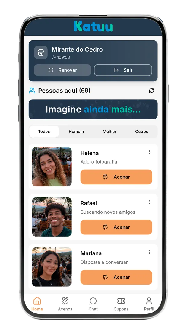 Tela inicial do Katuu com a lista de pessoas presentes e o tempo restante da presença